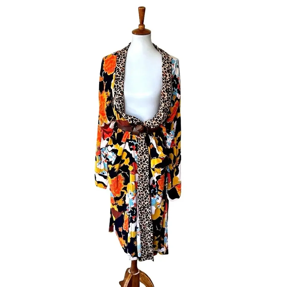 Free People Wild Nights Mixed Print Floral Leopard Duster Kimono L